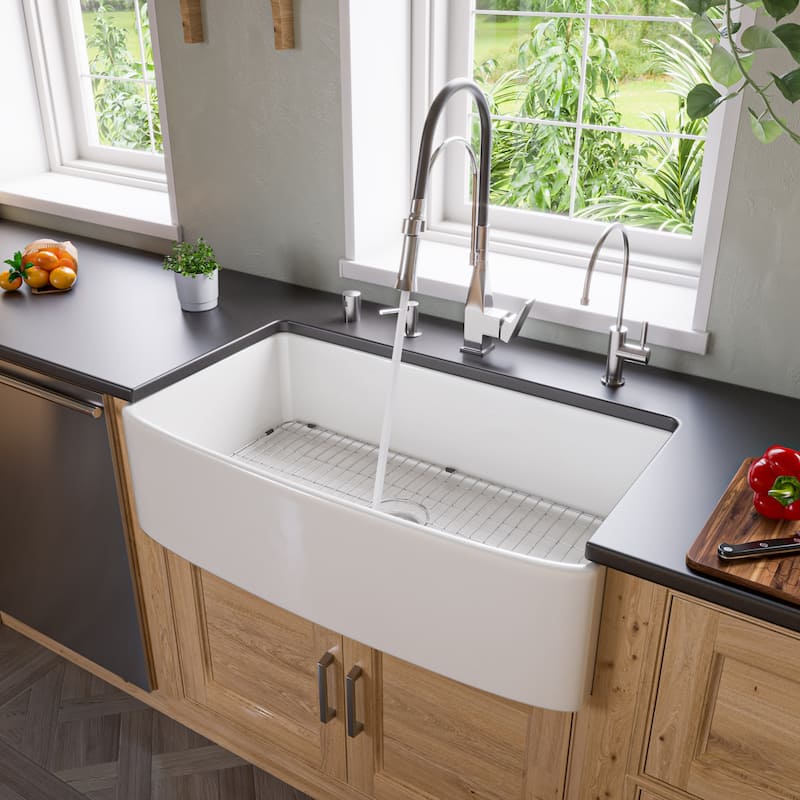 ALFI Brand White Smooth Curved Apron 36" x 20" Single Bowl Fireclay Farm Sink with Grid
