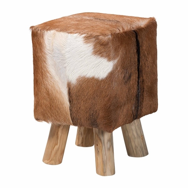 slide 2 of 9, Scotlyn Genuine Goat Leather Footstool with Teak Wood Legs - Rustic Boho Accent with Natural Hide Upholstery, Handmade Footrest Natural Brown