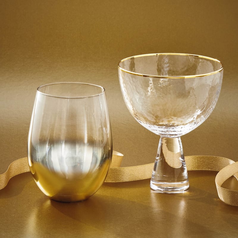 Glitz Stemless Wine Glasses 18oz Gold Drinkware for Bar and Christmas 3.5in x 3.5in x 5in Hand Wash Only