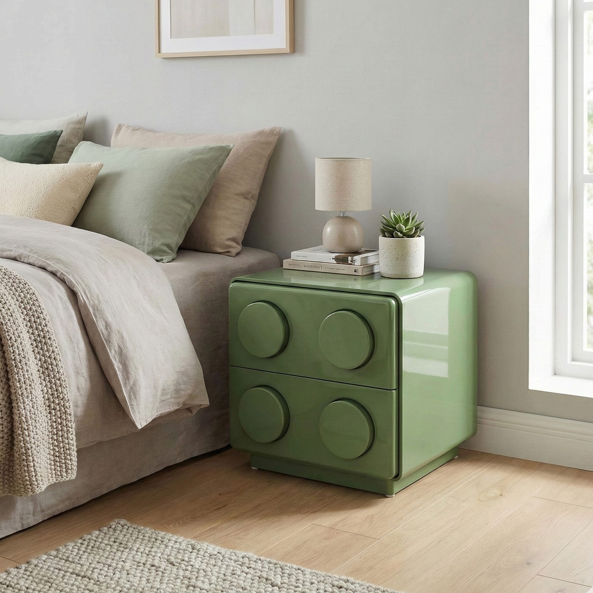 Modern MDF Nightstand with Fixed Round Handles and Two Drawers, Green Finish