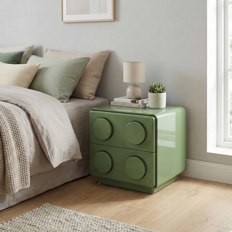 Modern MDF Nightstand with Fixed Round Handles and Two Drawers, Green Finish
