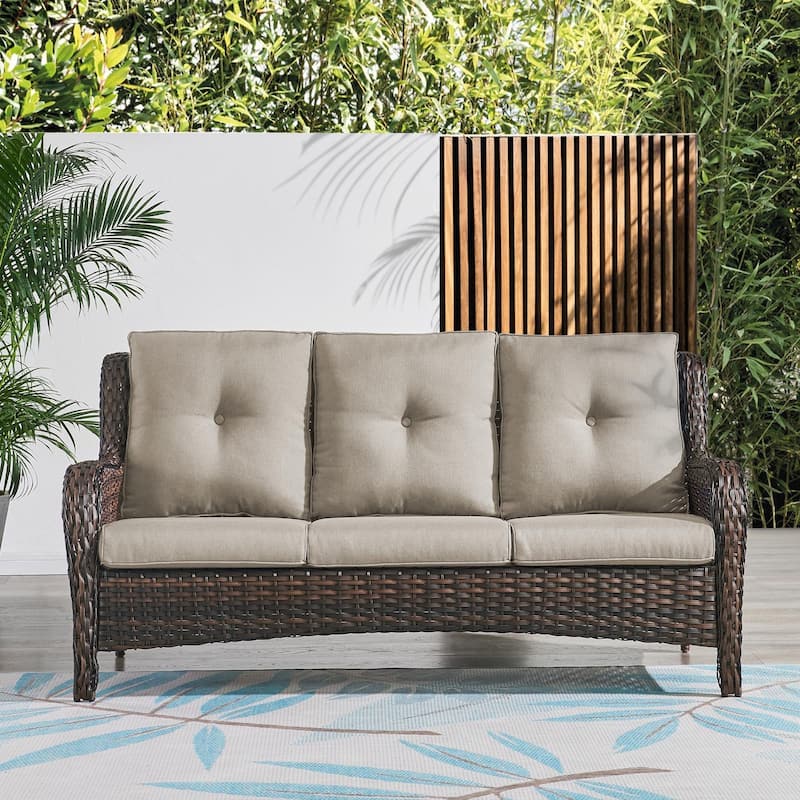 Pocassy 3-Seat Sofa Wicker Sofa PE Rattan - Brown - Grey