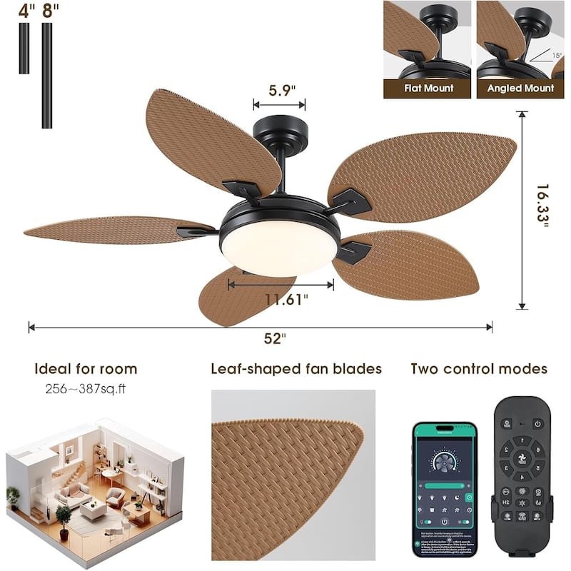 52" Palm Leaf Waterproof Tropical Ceiling Fan with Light and Remote,Indoor and Outdoor Ceiling Fan,for Farmhouse - 52 Inches