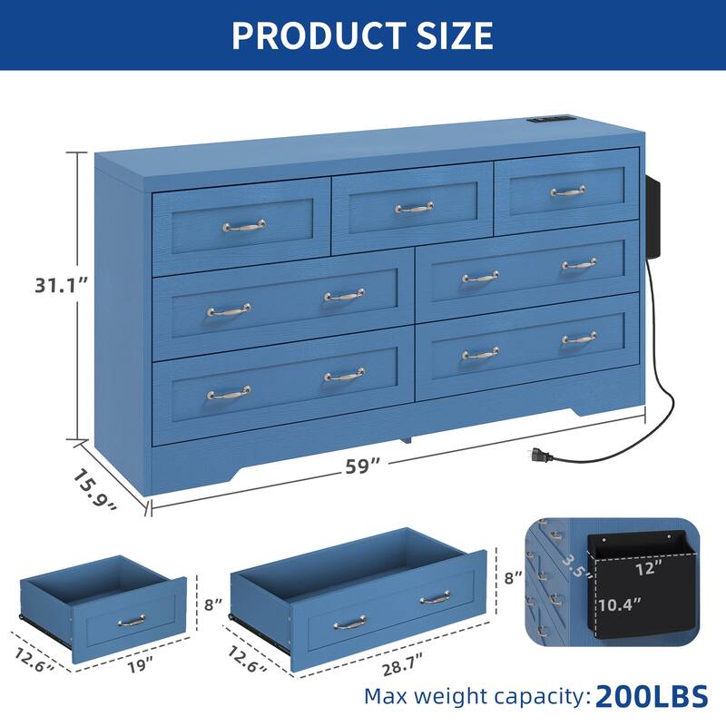 Moasis 6-Drawer 7-Drawer Double Dresser with Power Outlet and Organizer Bag
