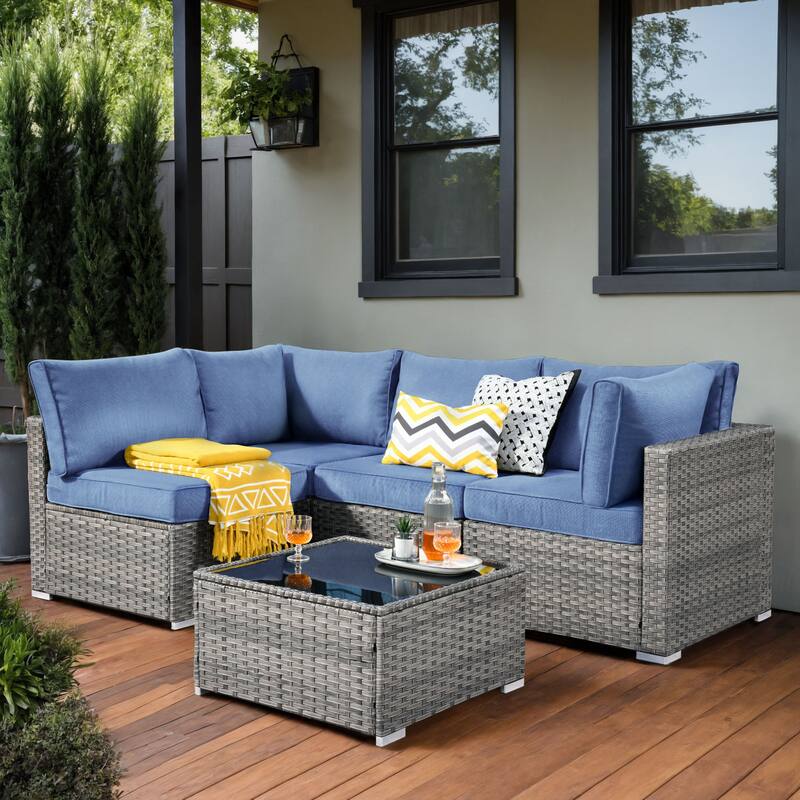 OVIOS 5-Piece Low-profile Deep Seat Wicker Outdoor Patio Furniture Set - Denim Blue