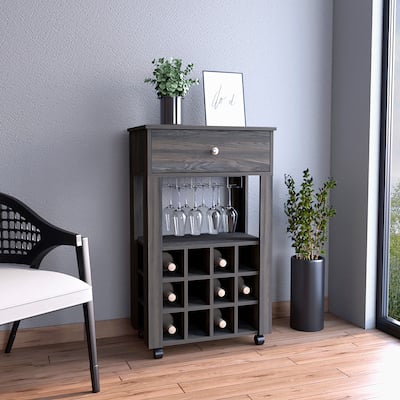 Memphis Bar Cart, Twelve Built-in Wine Rack, Four Legs, One Open Shelf -Espresso