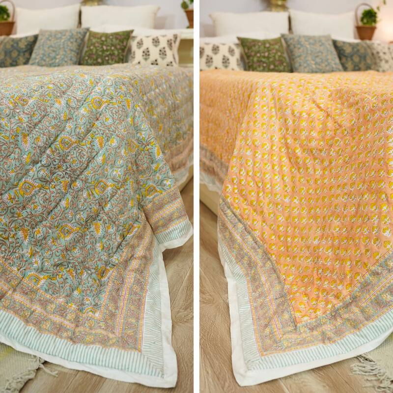Fabdivine Handcrafted Cotton Quilt - Mustard Floral, Premium Cotton Reversible Traditional Hand Block Print Decorative Bedding
