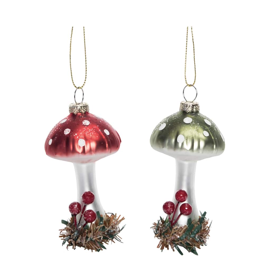 Transpac Glass Tall Mushroom Ornament Set of 2 Christmas Home Decorations - Multicolor