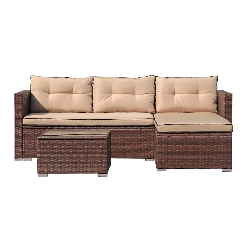 L-Shaped Outdoor Sectional Sofa, PE Wicker Patio Sofa Set with Table and Cushions