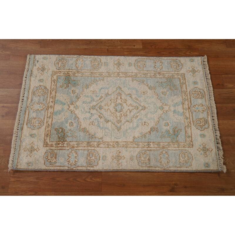 Hand Knotted Oriental 100% Wool Carpet Transitional Geometric Beige & Ivories Oushak Area Rug - 3' 0'' X 2' 0''
