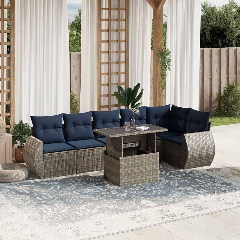 vidaXL Patio Sofa Set with Cushions and Table Outdoor 7 Piece Poly Rattan - 24.4 x 24.4 x 27.2