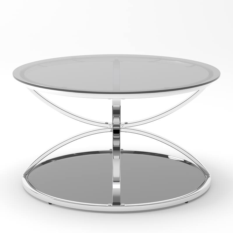 Modern 2 Tiers Glass Coffee Table with Ring-Shaped Metal Frames