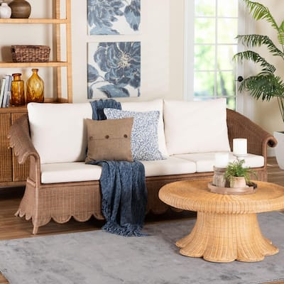 Detta Natural Rattan Sofa with Cushion - Handwoven Wicker Settee with Rolled Arms and Scalloped Skirt Base, Boho Coastal Style