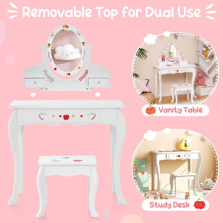 Kids Vanity and Stool Set with 360 Rotatable Mirror and Whiteboard-White - 27.5"L x 14"W x 40"H