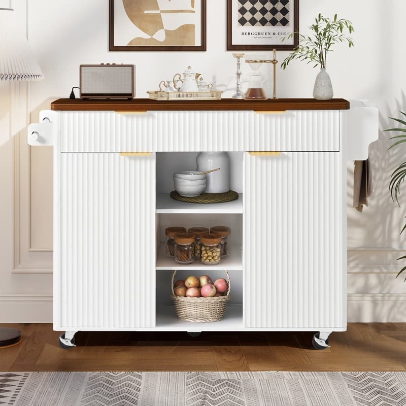 Fluted 52" Kitchen Island Cart with Drop Leaf, Power Outlet, Rolling Island Table with Adjustable Shelves for Versatile Storage