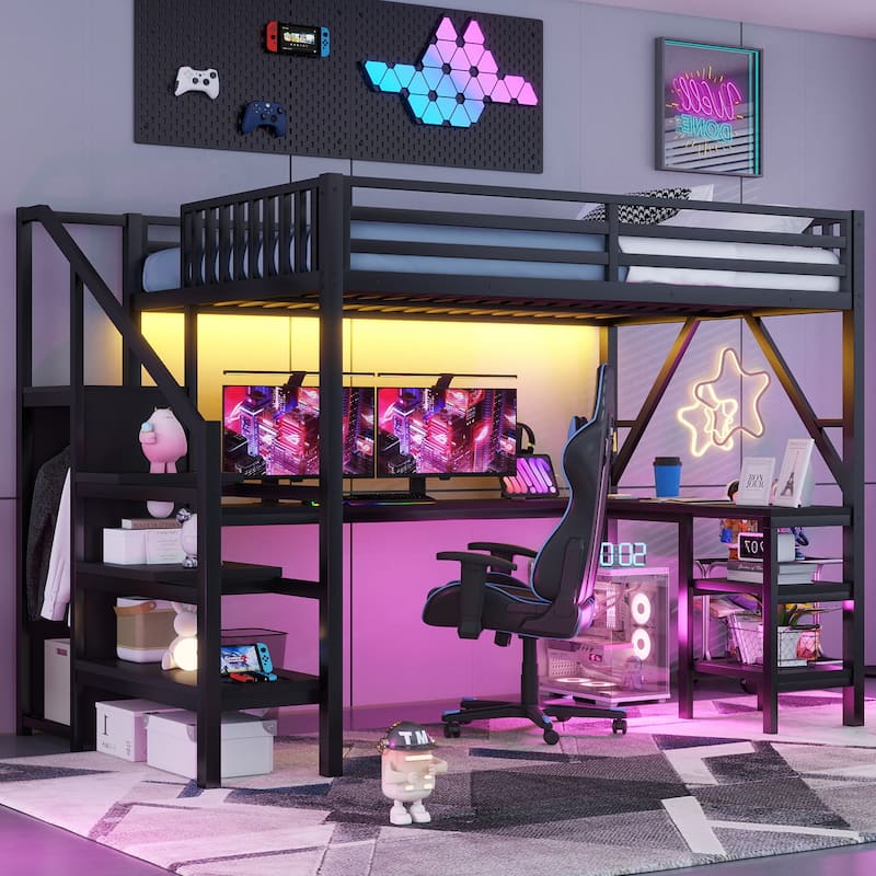 Metal Full Loft Bed with Wardrobe and LED Light, Full Size Loft Bed with L Shaped Desk and USB for Kids Teens Adults