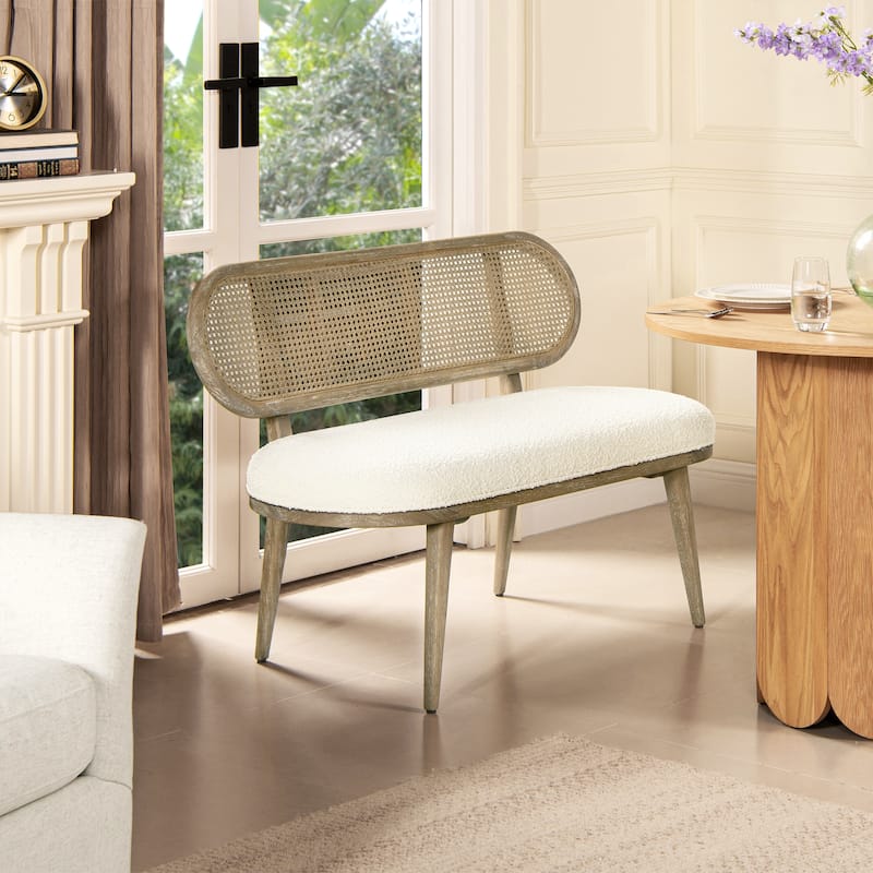 Havana 48" Boucle Sherpa Cane Rattan Upholstered Bench Settee