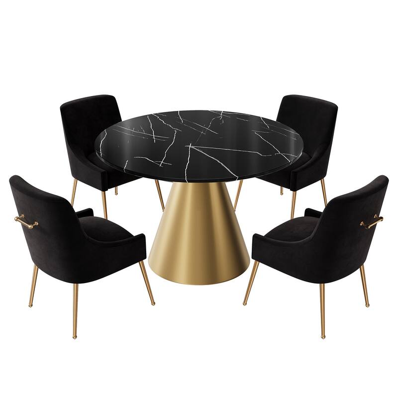 48" Marble Top Metal Dining Table with Velvet Dining Chair Set