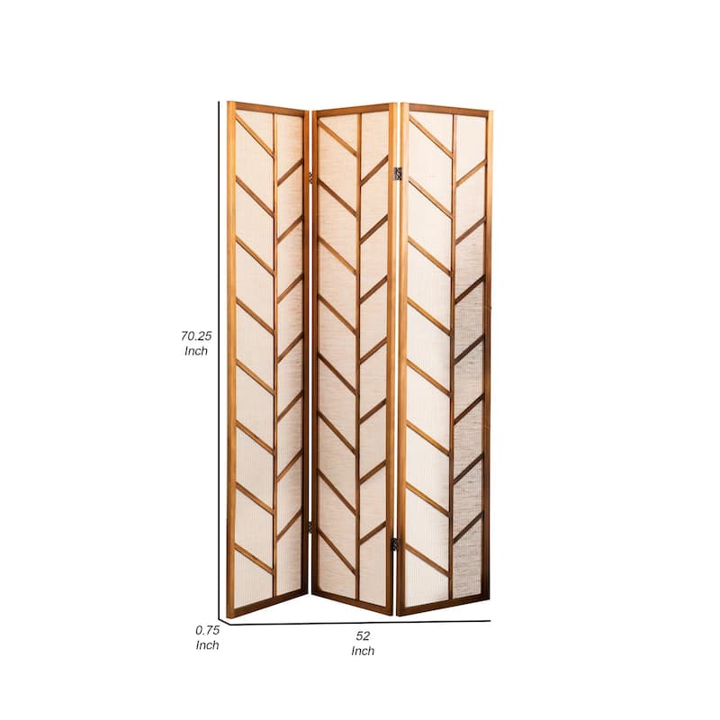 3 Panel Screen with Jute Linen Fabric and Wooden Frame, Brown and Beige