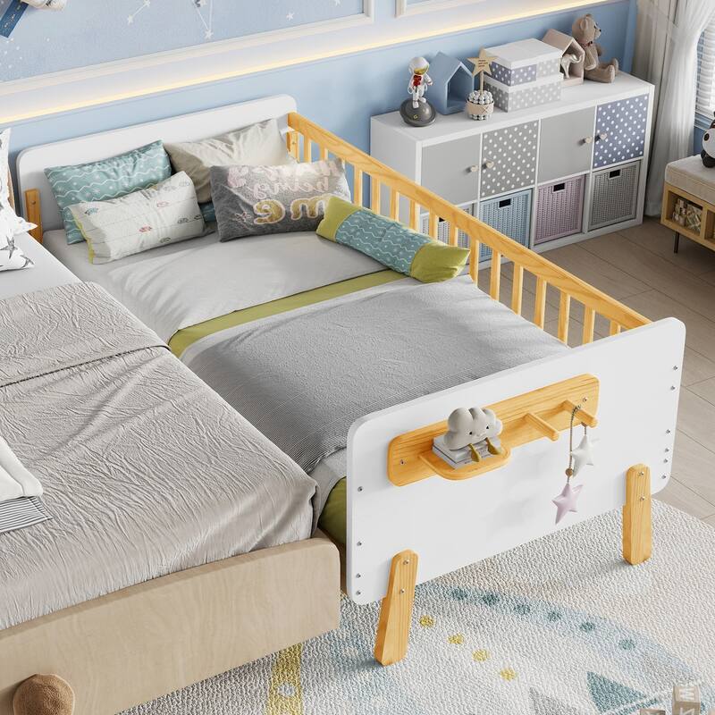 Kids Wood Platform Bed with Guardrails, Bottle Holder and 2 Hanging Rod, Convertible Toddler Daybed, Low Profile Design Frame - White - Twin
