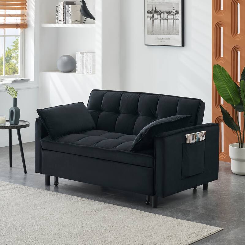 Modern 3 in 1 Convertible Black Velvet Sofa Bed with Pillow