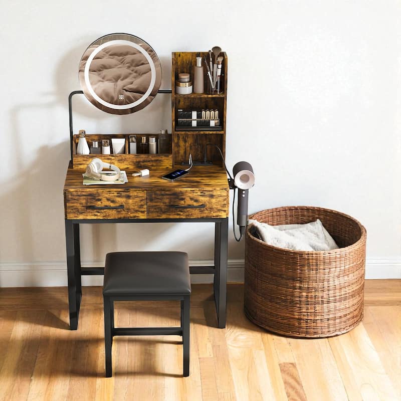 Makeup Vanity Table with Round LED Mirror 3 Color Lights, Power Outlet, 2 Drawers, Metal Legs & Chair