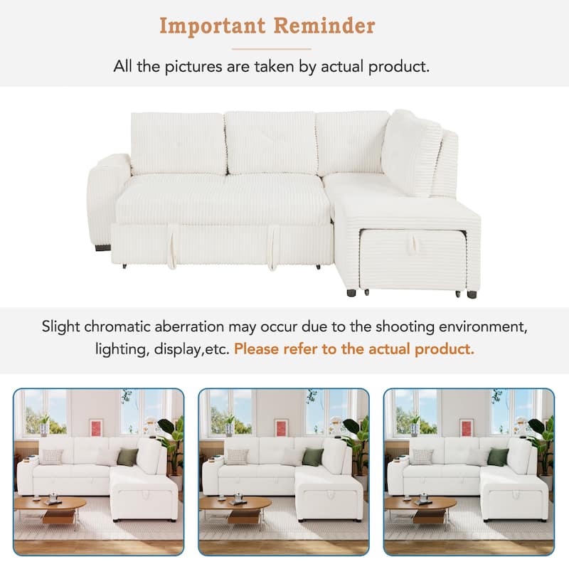 94" Pull-Out L-Shaped Sectional Sofa with Movable Ottoman,Stool,Cup Holder and Two USB Ports
