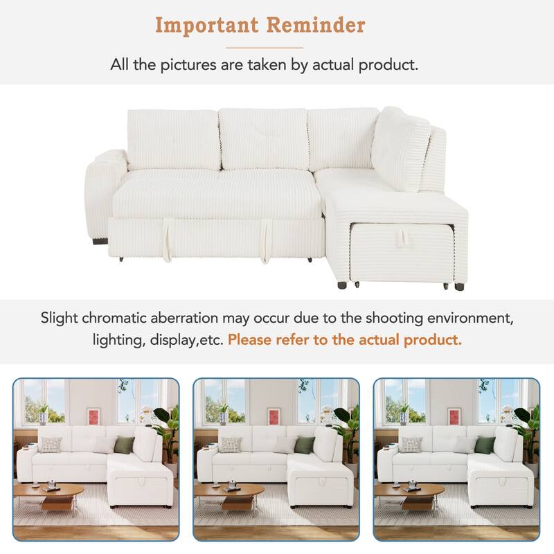 Modern Convertible Sectional Sofa Bed with USB Ports and Storage and Cup Holder for Small Space Living Room