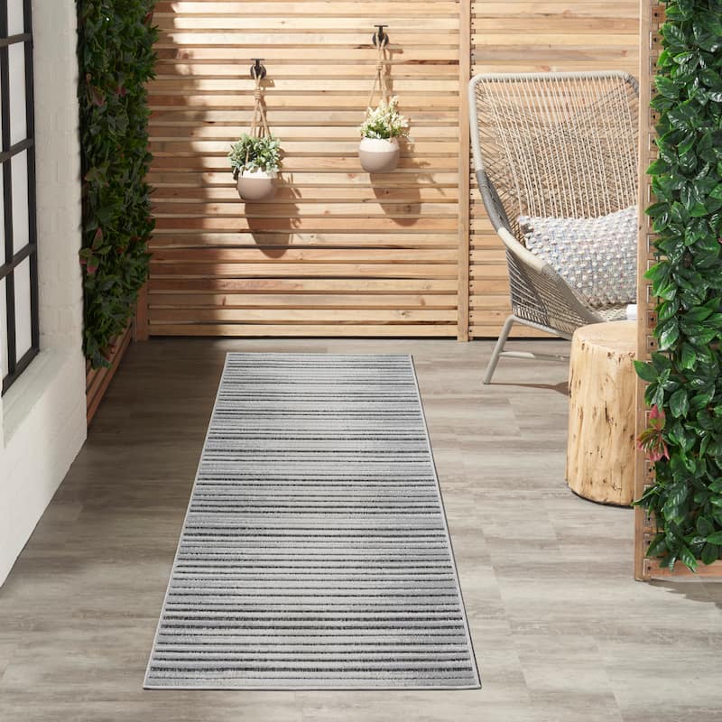 Nourison Calobra Traditional Geometric Stripe Indoor Outdoor Striped Area Rug - 2'2" x 10' Runner - Dark Grey