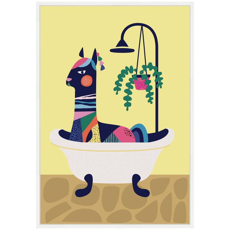 Kate and Laurel Sylvie Modern Yellow Llama in Bathtub Framed Canvas by Rachel Lee