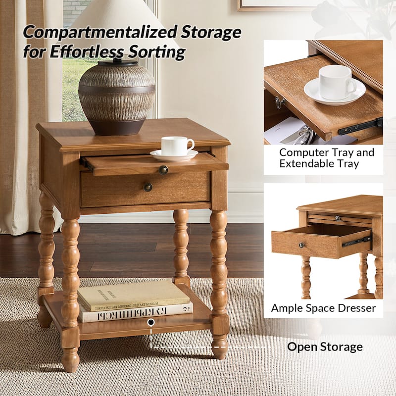 HULALA HOME Eric Traditional 26" Tall Solid Wood End Table with Built-in Charging Station and Extendable Tray