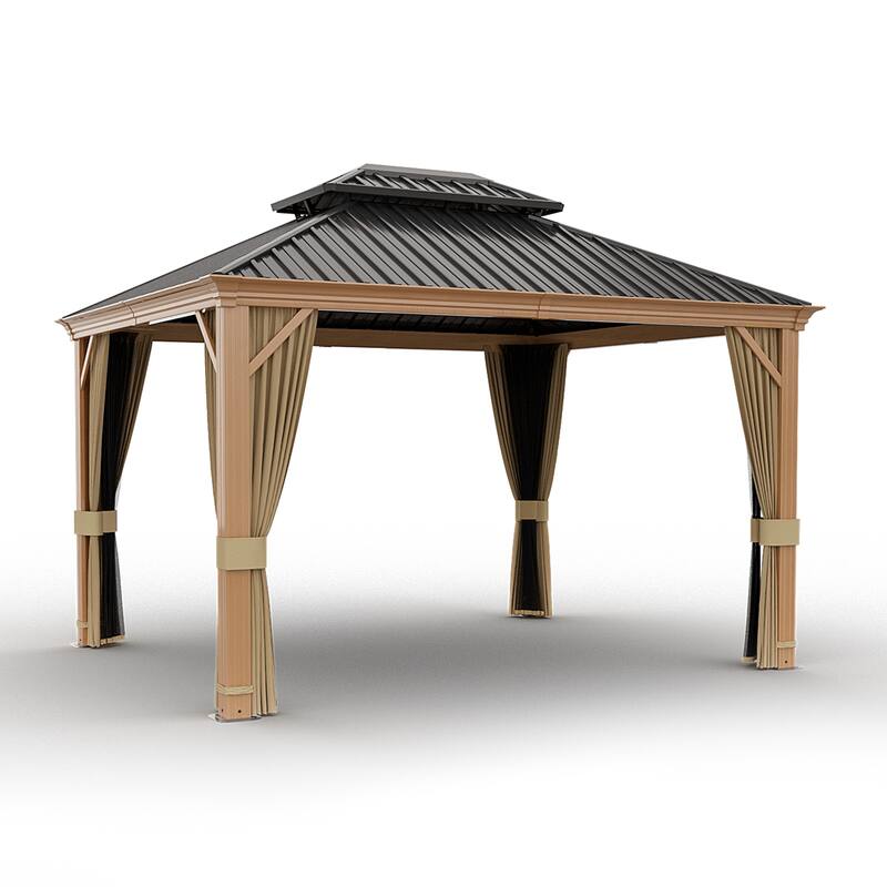 12x10ft Outdoor Double-Roof Aluminum Gazebo with Curtains and Mosquito Netting