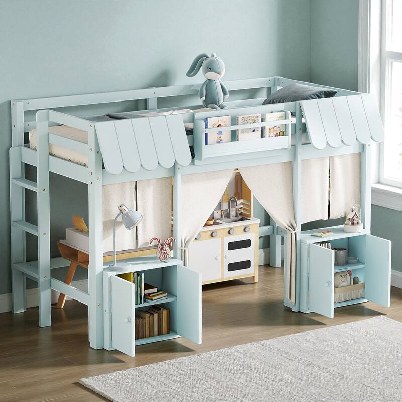 Twin/Full Loft Bed with Bookshelf, Curtain Playhouse, Storage Shelf, Cottage Roof Design and Safety Guardrails for Kids