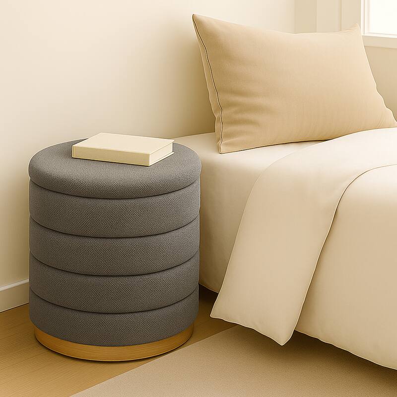 Modern Cylinder Ottoman with Hidden Storage Linen Upholstery Seat