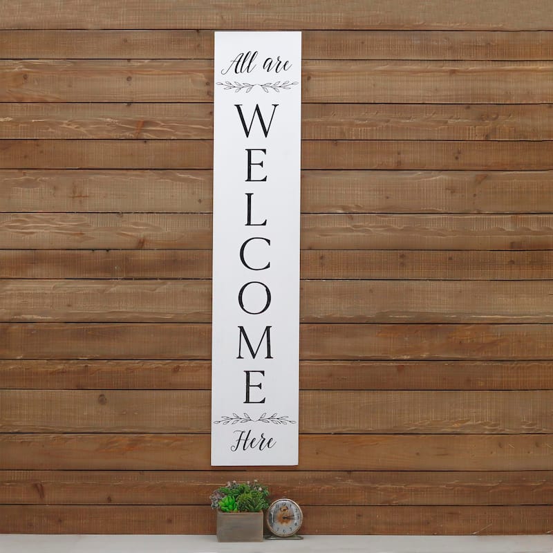 Farmhouse All Are Welcome Here Vertical White Wood Wall Plaque, 47.25" H