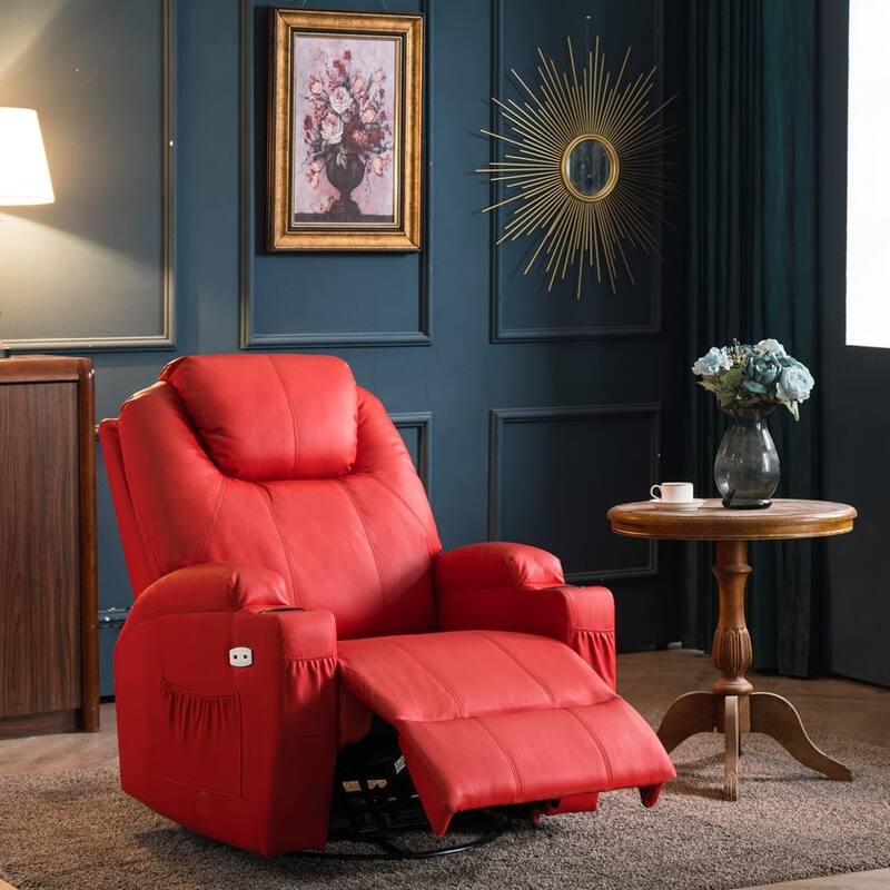 MCombo Manual Swivel Glider Rocker Recliner Chair with Massage and Heat, Faux Leather 8031