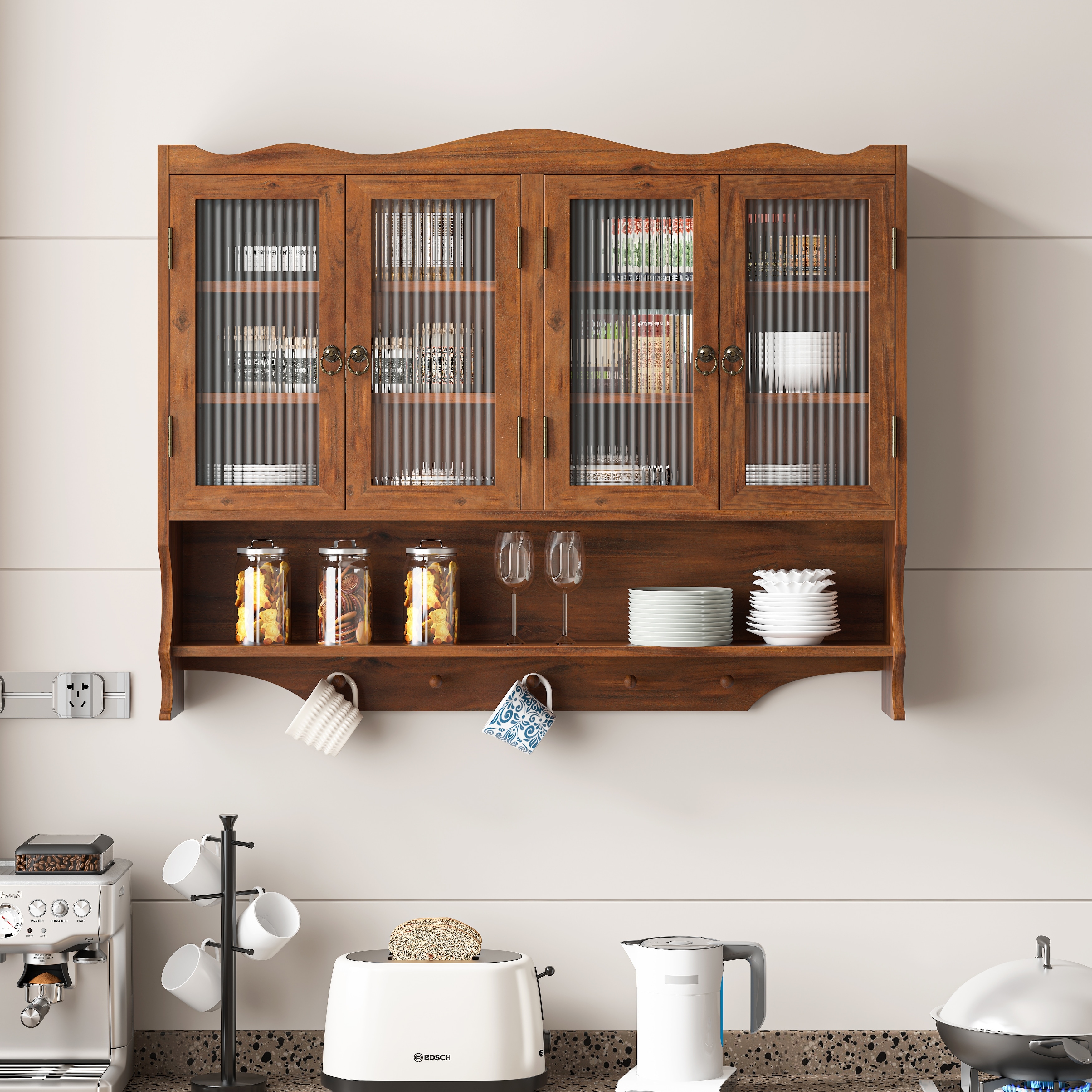 Glass Door Vintage Wall Cabinet with Storage.