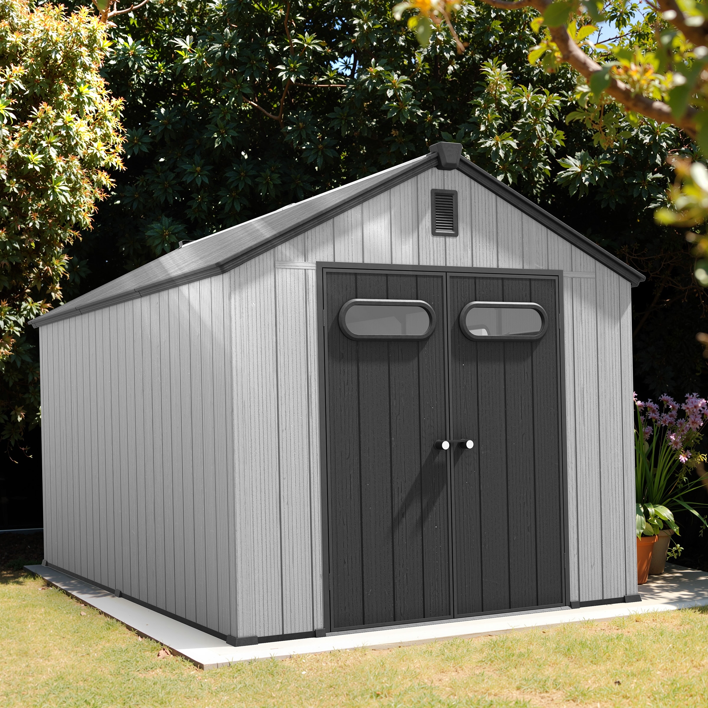 Outdoor Waterproof Resin Storage Shed with Lockable Door, Window Floor & Sloped Roof for Patio Furniture and Tools