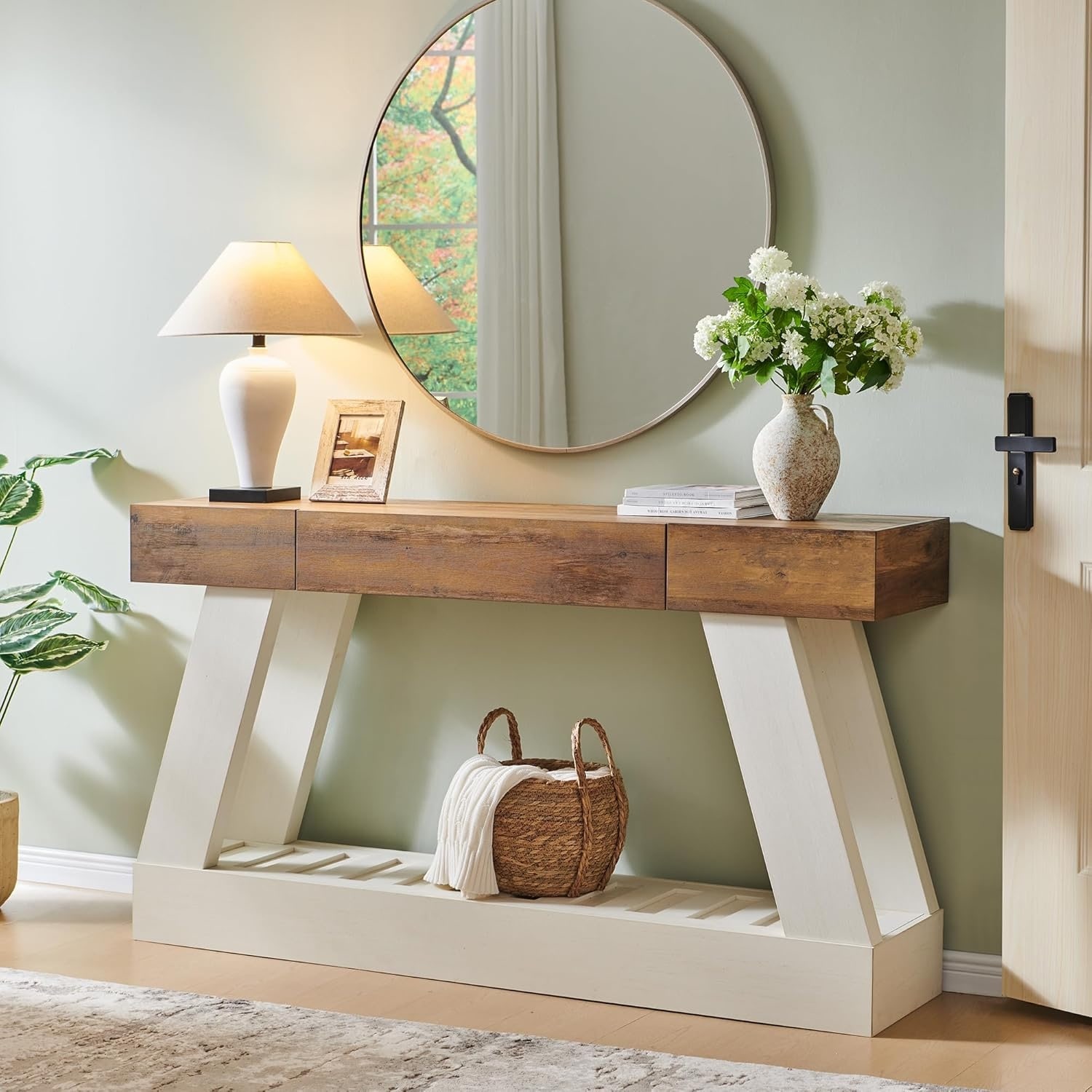 Farmhouse Entryway Table with Drawer, Console for Sofa, Hallway, Living Room (Antique White)