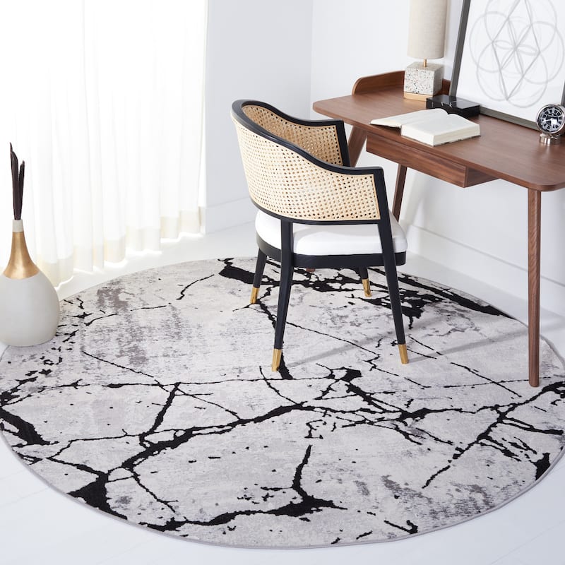 SAFAVIEH Amelia Fietje Modern Abstract Distressed Rug - 6'7" Round - Grey/Black