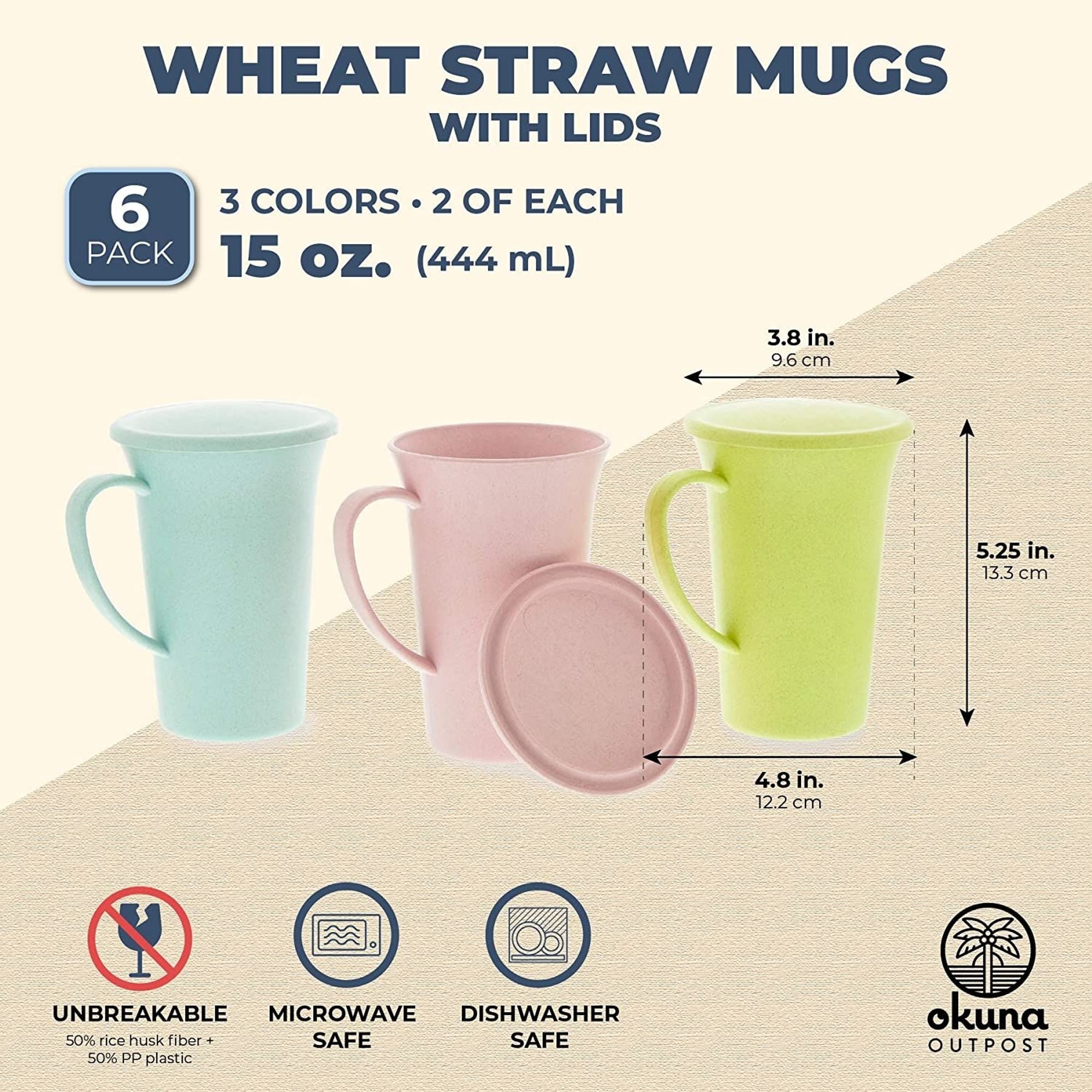 Okuna Outpost Wheat Straw Mugs with Handle, Set of 6 Unbreakable Coffee Cups with Lids, 3 Colors, 15 oz