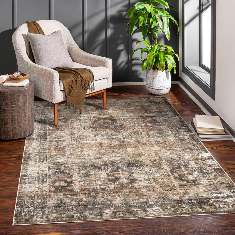 Machine Washable Collection Grey/Tan/Beige Medallion Area Rug
