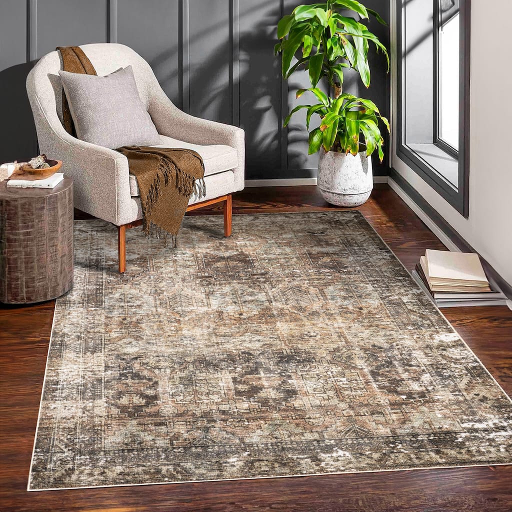 Machine Washable Collection Grey/Tan/Beige Medallion Area Rug