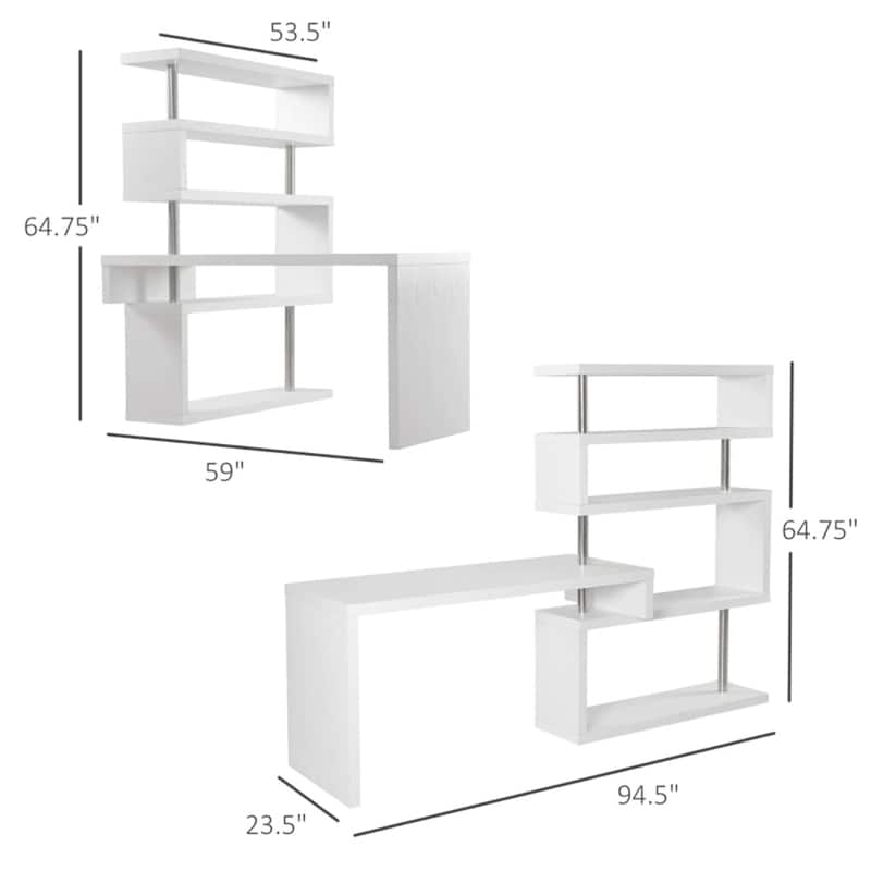L-Shaped White Desk with Rotating Shelves and Multi-Tier Storage for Home and Office Use
