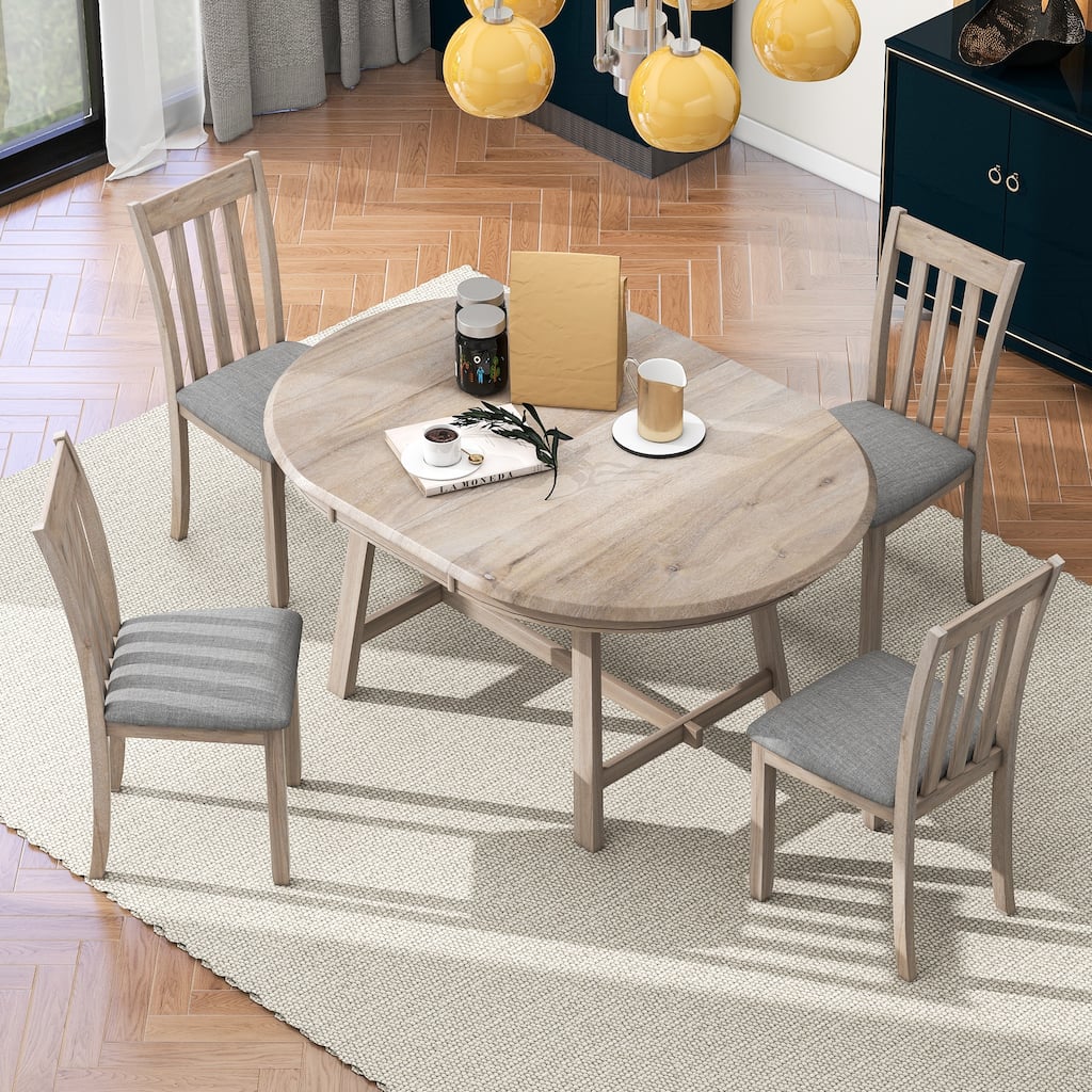 Practical Round Extendable Dining Table with 4 Dining Chairs, 5-Piece Wood Dining Table and Chairs Set for 4