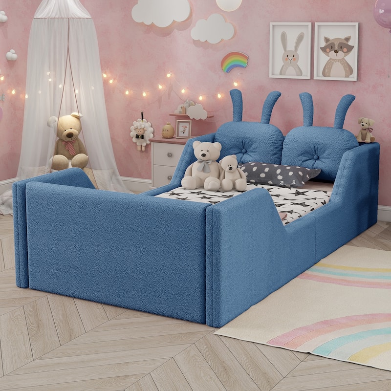 Blue Twin Upholstered Platform Bed with Rabbit Cushion & Removable Side Rails! (Arrives 2025/1/15)