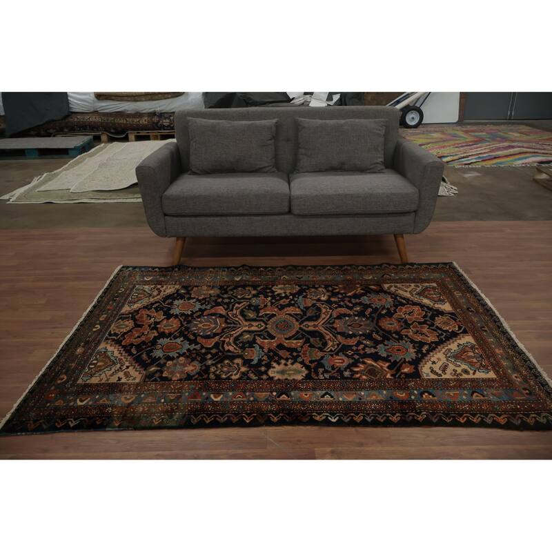 Hand Knotted Oriental 100% Wool Carpet Traditional Floral Navy Blue & Blues Hamedan Area Rug - 6' 6'' X 4' 5''