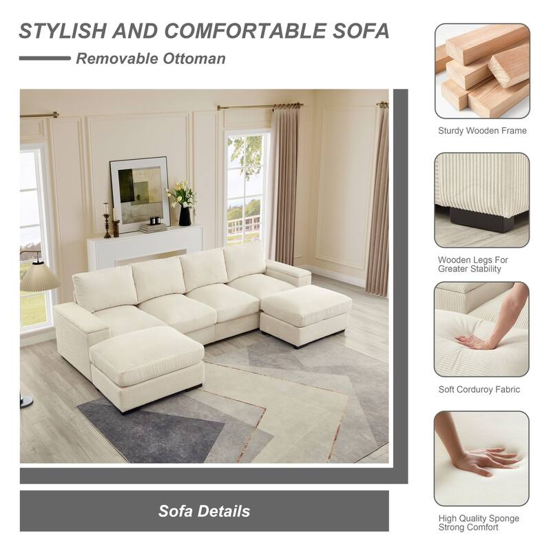 U-shaped corduroy sofa with removable footstool and storage armrests