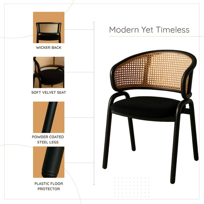 Ervilla Ergonomic Wicker Back Velvet Accent Dining Armchair with Powder Coated Steel Legs Protective Pad