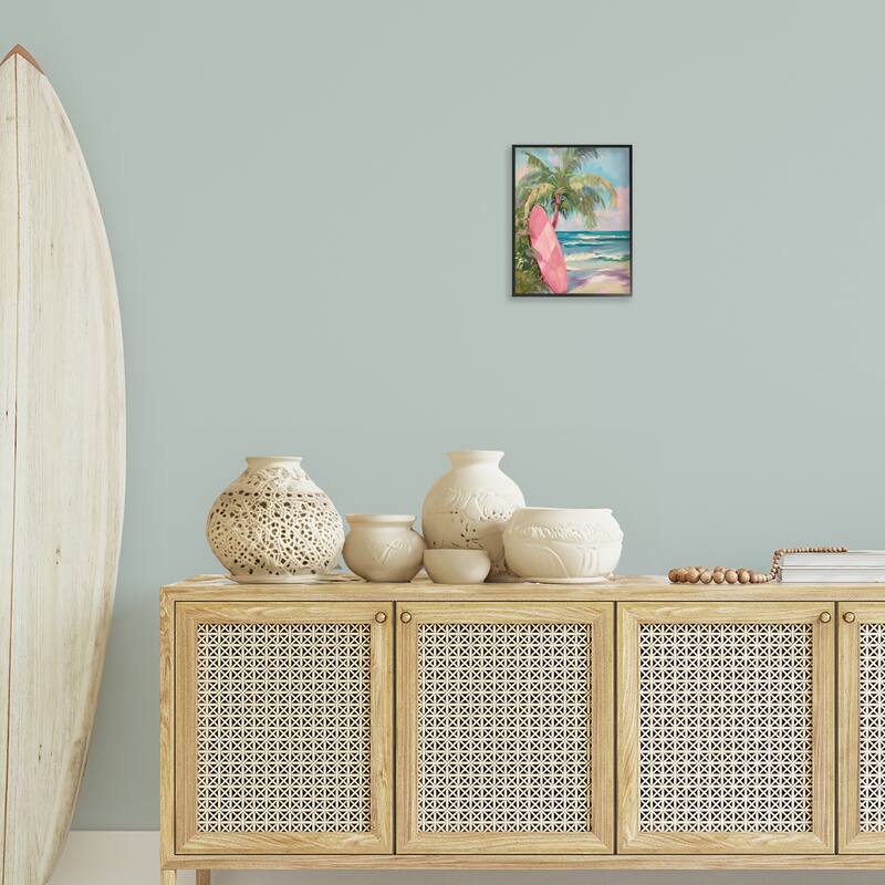 Stupell Pink Surfboard on Beach Framed Giclee Art Design By Arlington Prints